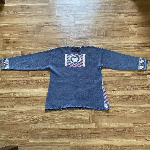 VINTAGE 90s Women M Blue Granny Core Heart Patchwork Heavy Knit Sweater Cottage - Picture 2 of 16